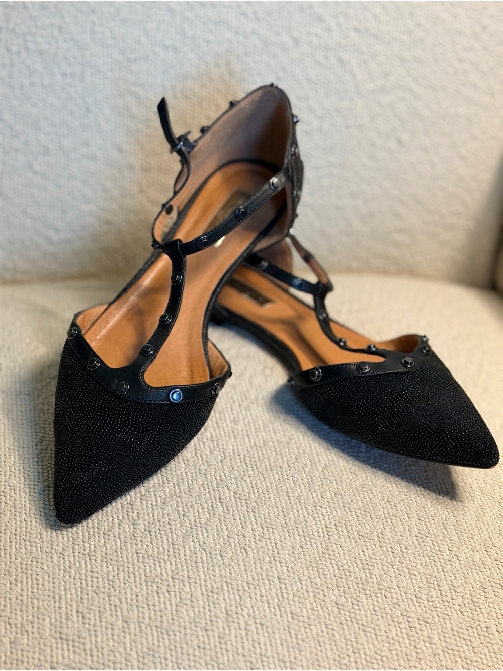 Halogen Black Studded Pointed-Toe T-Strap Women's Flats